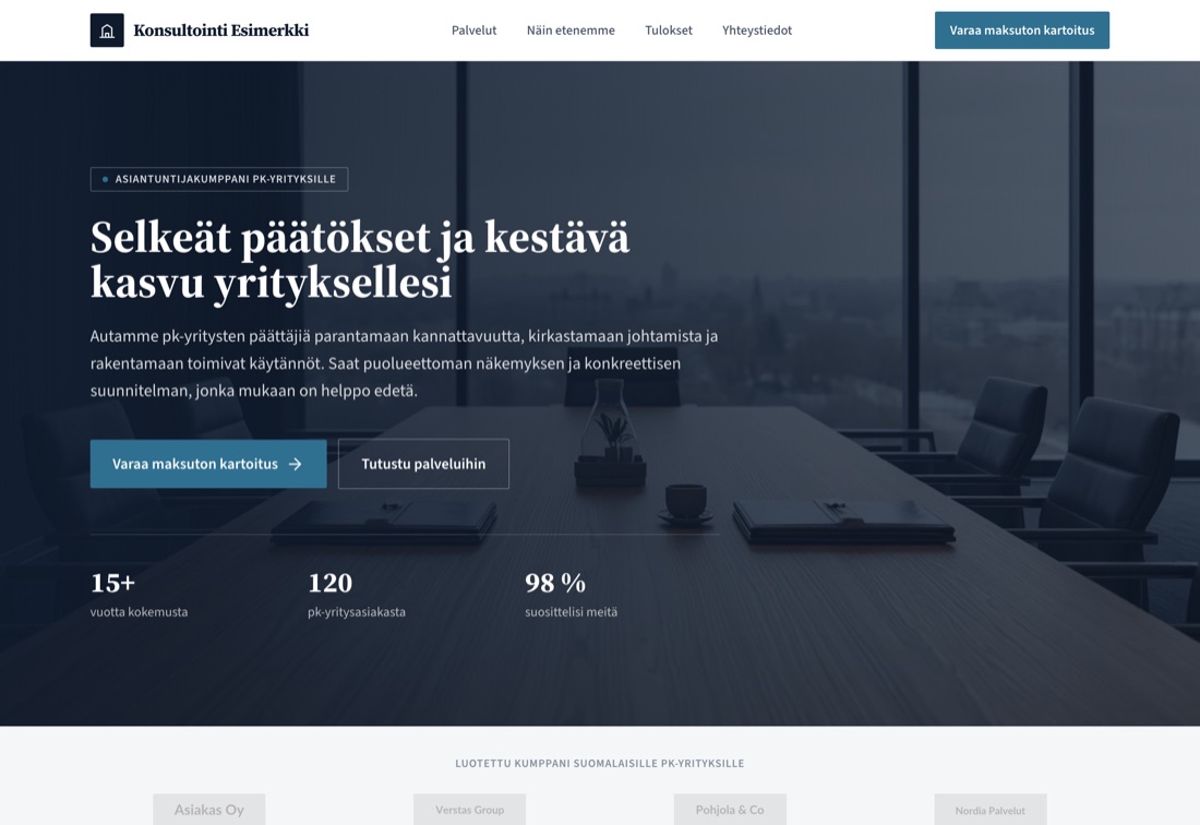 Esikatselu B2B-konsultoinnin esimerkkisivustosta