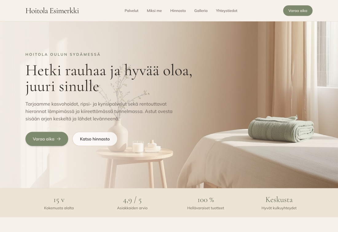 Esikatselu kauneus- ja hyvinvointialan esimerkkisivustosta